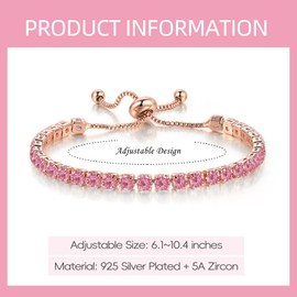 HEEYA Rose Gold Tennis Bracelets, Sterling Silver Tennis Bracelets for Women, Silver Crystal Sister Friendship Pink Bracelet, Adjustable Diamond Cubic Zircona Lady Bracelet Birthday Gifts