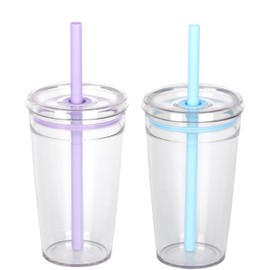 Yisituo 2 Pack 450ml Clear Plastic Iced Coffee Travel Cups, Reusable with Lids and Straws, for Cold Hot Beverages (2, Purple, Blue)