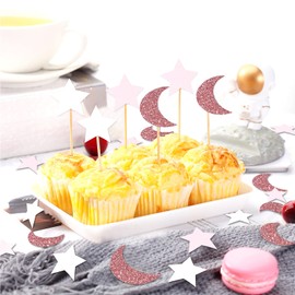 Rose-Gold Pink-White Moon Star Confetti - 300pcs Glitter Twinkle Little Star Table Confetti Eid Ramadan Mubarak Decoration Birthday Wedding Baby Bridal Shower Party Decor Lasting Surprise