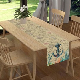 Nautical Anchor Table Runner, Retro Coastal Treasure Map Coral Plant Starfish Ship Anchor Vintage Farmhouse Kitchen Dining Table Scarf for Kitchen Living Room Home Party Decor 13"x36"