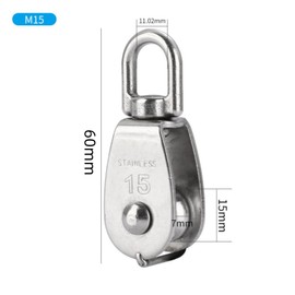 Stainless Steel Wire Rope Crane Pulley Block M15 Lifting Crane Swivel Hook Single Pulley Block Hanging Wire Towing Wheel,304 Stainless Steel 0.59" (6PCS)