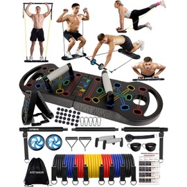 HOTWAVE Portable Exercise Equipment with 18 Gym Accessories.20 in 1 Push Up Board Fitness,Resistance Bands with Ab Roller Wheel,Full Body Workout at Home