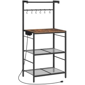 Bakers Rack with Charging Station, Microwave Stand with 6 S-Shaped Hooks, 4-Tier Storage Rack, Practical Coffee Bar, for Kitchen, Dining Room, Rustic Brown BRHR35E01