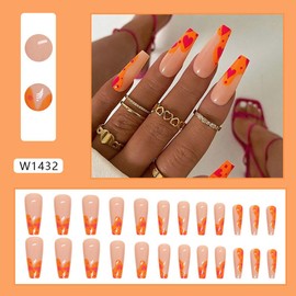 24Pcs Press on Nails Long Full Cover Acrylic Nails Long Fake Nails Glossy Stick on Nail False Nails with Exquisite Designs Orange Doodle Sweet Heart Glue on Nail for Women Nail Decorations