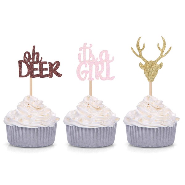 24 decoraciones para magdalenas de Oh Deer It's a Girl de revelación de género, decoraciones para fiestas de baby shower para niñas