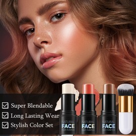 3 Pack Contour Highlighter Blush Sticks with Brush, Cream Bronzer Contour Stick Kit for Cheeks Eyes Lips, Long Lasting Waterproof Smooth Multi Stick Face Makeup Set for All Skin Type (Set C)
