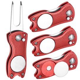 TIXIPEM Golf Divot Repair Tool [4PCS] - Switch Foldable Divot Tool Rack with Magnetic Ball Marker & Open Button Use for Golf Accessories & Gifts - [Red] Green Fork Tines