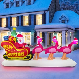 BLOWOUT FUN 10ft Long Inflatable Christmas Flamingo Pull The Sleigh Take Santa Claus Xmas Decoration, LED Blow Up Lighted Decor Indoor Outdoor Holiday Art Decor Decorations