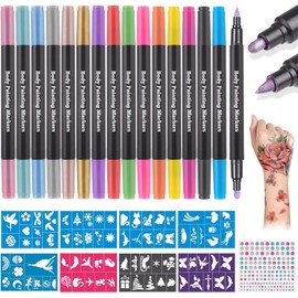 Lictin Tattoo Pens Children, 16 Colours Tattoo Pens for Children with 8 Tattoo Stencils, Waterproof Makeup Pens for Adults, Children's Make-Up Glitter Tattoo Set for Halloween Make-Up