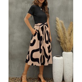 Zattcas Women 2025 Summer Dresses Short Sleeve Ribbed Teacher Church Modest Business Casual Work Outfits Midi Dress with Pockets Blackcc M