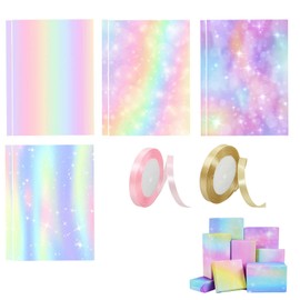Birthday Wrapping Paper with Gradient Multicolor Rainbow Pastel Gift Wrapping Paper Birthday Set 8 Sheets of Gradient Gift Wrap 2 Rolls of Ribbon for Gifts Birthdays Parties and Holidays