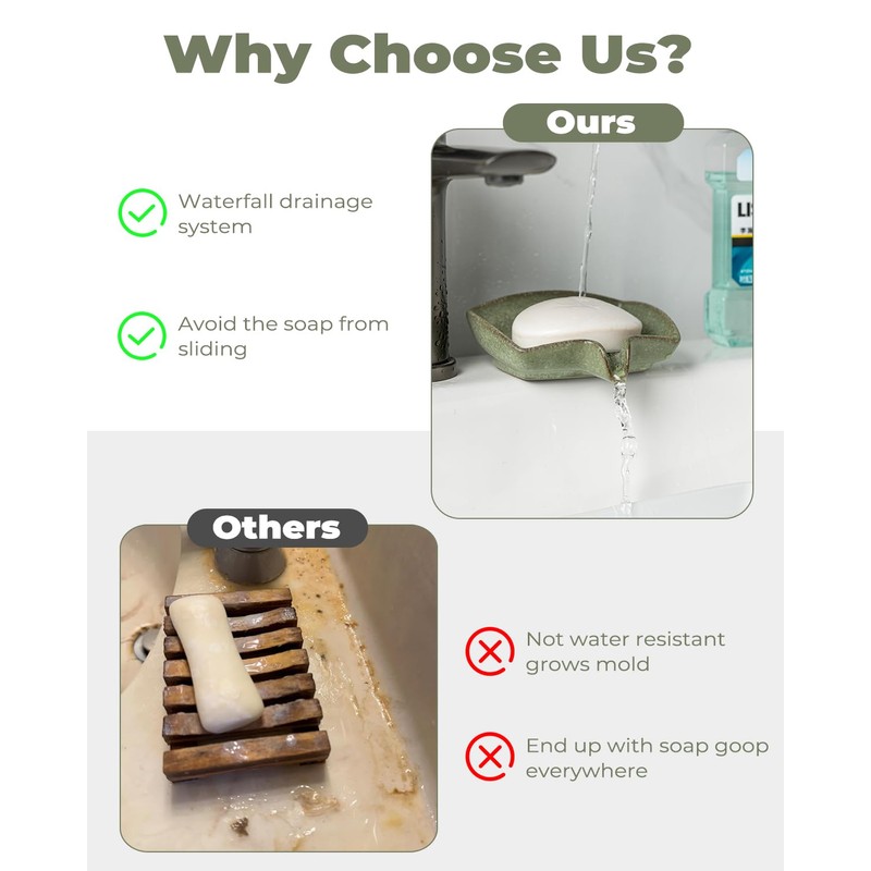Self Draining Soap Dish, Ceramic Drain Soap Holder Waterfall Design