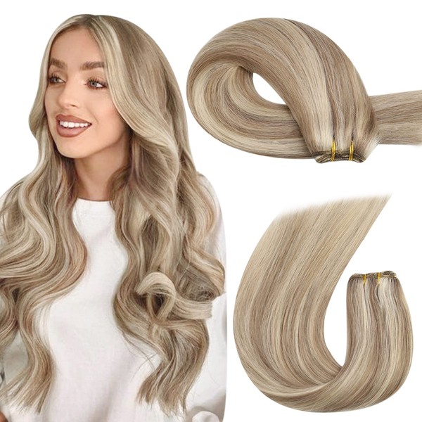 Moresoo Real Hair Wefts for Sew-In 40 cm Remy Real Hair Wefts #P9A/60 Medium Golden Brown with Platinum Blonde Hair Extensions Real Hair Extensions for Sewing, 1 Piece/Pack 100 g