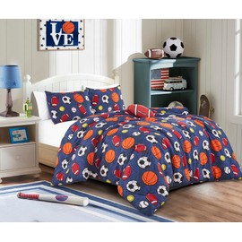 Chezmoi Collection 3-Piece Kids Sports Balls Bedding Comforter Set Twin Size - Soft Microfiber Navy Blue Gray Orange White Printed Football Soccer Basketball Baseball Tennis Sports for Kids/Teens