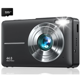 Lecran Digital Camera, Digital Camera, 44 Million Pixels, 1080P Video, Auto Focus, AF, Image Stabilization, Lightweight, Compact, 2.4-Inch IPS Screen, USB-C Charging, Black