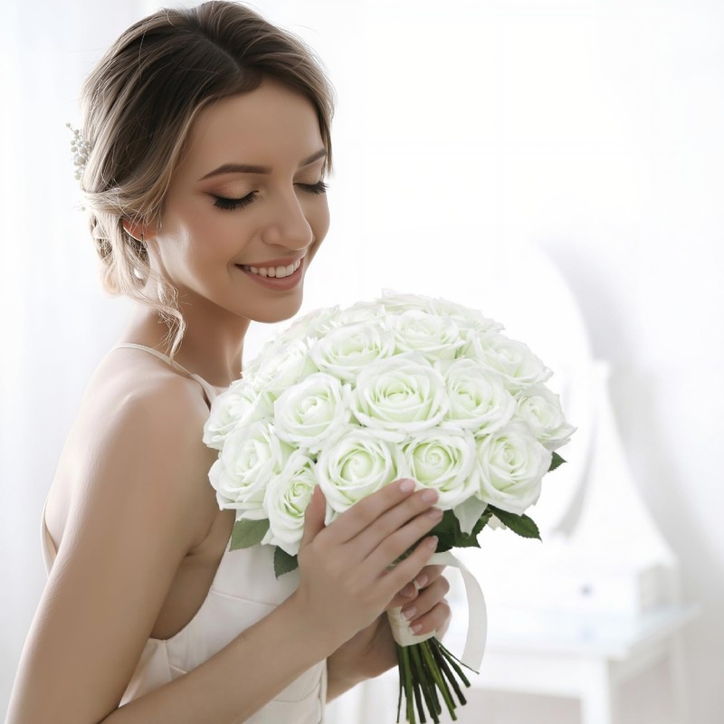 20 Pcs White Artificial Flowers Fake Artificial Roses Silk Flower