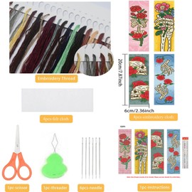 NEGEKFKX 4 Pcs Skeleton Cross Stitch Bookmark Kit for Adult Beginners,Skull Flower Cross Stitch Kits 14 CT DIY Cross Stitch Kits Adult Stamped Bookmark Embroidery Bookmarks Kit