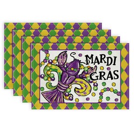 DineDia Mardi Gras Placemats 18x12 Inches Set of 4, Crawfish Mask Carnival Table Decor, Burlap Farmhouse Indoor Outdoor Holiday Beads Rhombus Lattice Decoration Mats for Home Party DP052-4