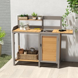 Wooden Potting Bench Table with Sink,Outdoor Garden Table Work Bench with Storage, Workstation for Outside Patio Lawn