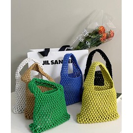 Woven Basket Bag, Basket Bag, Women's, Hamper, Shoulder Handbag, Lunch Bag, Lunch Tote, Small, Lightweight, Mini Bag, Drawstring Bag, Bottom PU Material (Green)