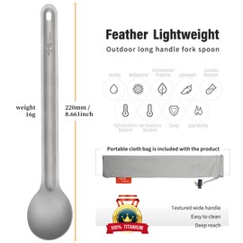 TiTo Titanium Long Handle Spork and Spoon Eco-Friendly Ultralight Portabale Flatware for Outdoor Camping Backpacking Hiking Travel Picnic Tableware with Bag(Spoon)