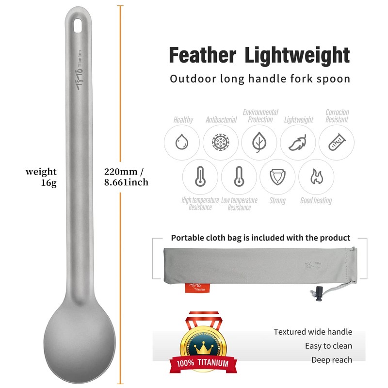 TiTo Titanium Long Handle Spork and Spoon Eco-Friendly Ultralight Portabale