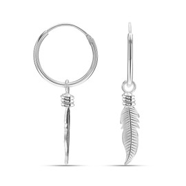 LeCalla 925 Sterling Silver Hinged Huggie Hoop Earrings | Feather Drop Dangle Earrings for Women Teen - 33MM