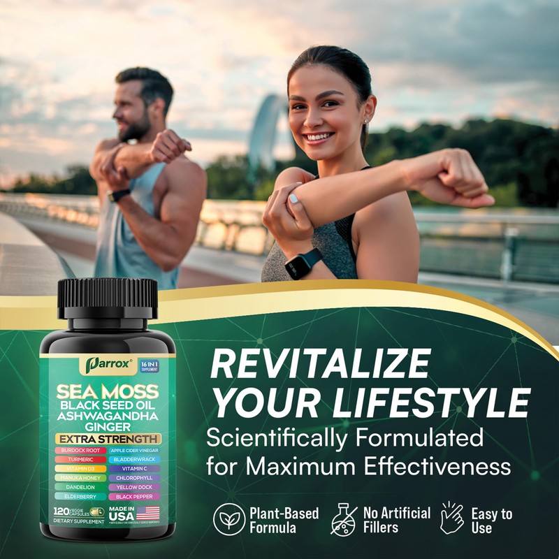 Parrox Sea Moss, Black Seed Oil, Ashwagandha, Turmeric, Chlorophyll, Dandelion,
