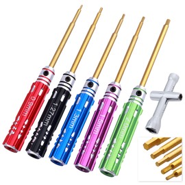 CrazyHobby 5Pcs Mini 0.9mm 1.27mm 1.3mm 1.5mm 2.0mm Hex Screw Driver Set Titanium Hexagon Screwdriver & 4-way Wrench Tool Kit for Axial SCX24 1/18 1/24 1/28 RC Crawler Truck