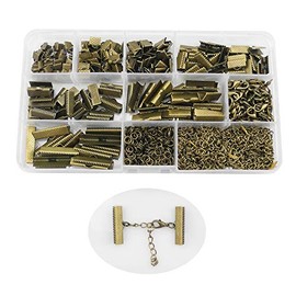Inspirelle 100 Sets Assorted Size Bronze Ribbon Bracelet Bookmark Leather Pinch Crimps Kit with Lobster Clasps and Chain Extenders