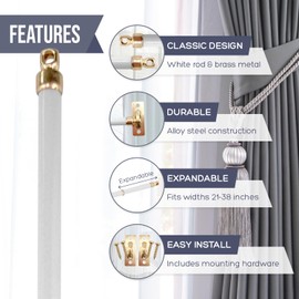 Amazing Drapery Hardware White Swivel Sash Curtain Rods with Brass Ends, Set of 2 (Hardware Included) - Adjustable Length 21-38 Inches, Easy to Install Metal Rods for Doors, Windows, and Sidelights