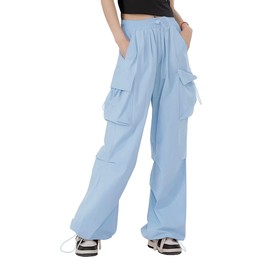 HENGAO Girls Cargo Pants Trendy Casual Parachute Pants Baggy Streetwear Harem Jogger Pants with Pockets, Sky Blue, 13-14 Years = Tag 170