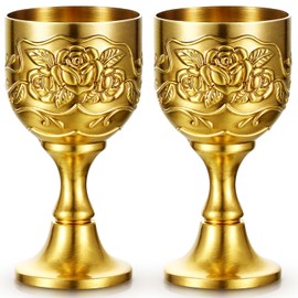 Nosiny 2 Pcs Mini Chalice Goblet Vintage Gold Goblet Copper Wine Goblet Small Chalice Cup Medieval Wine Glasses Zinc Alloy Flower Embossed Shot Glasses for First Communion Altar Drinking (1 oz)