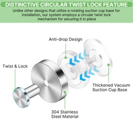 Fasbeu Silver Waterproof Suction Cup Hooks, 8-Pack Heavy Duty Stainless Steel No Drill Shower Hooks for Hanging Towels, Robes, Loofahs, Holder Holds Strong on Tile, Glass, Mirror, Wall, Bathroom Door