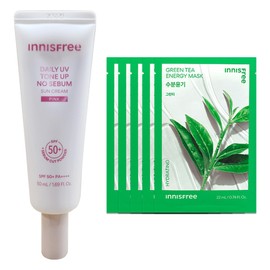 Innisfree Daily UV Tone Up No-Sebum Sun Cream 50ml (Pink) + 5 Green Tea Masks / 이니스프리 데일리 유브이 톤업 노세범 선크림 50ml (핑크)+그린티 마스크 5매