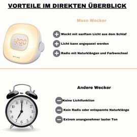 MUSE ML-198 CR Light Alarm Clock Radio: FM PLL Radio with Natural Sounds, Double Alarm, LED Lighting and Dimming Function - Alarm Clock with Wake-up Light and Colour Changing