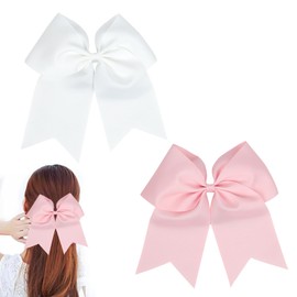 CHEUNGHAO 2 Packs 8 Inch Jumbo Cheer Hair Bows White/Pink Large Cheerleading Bows Ponytail Holder Elastic Band Handmade for Teen Girls Softball Cheerleader Outfit Uniform