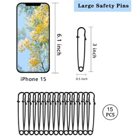15Pcs Large Safety Pins, 3‘’ Heavy Duty Steel Safety Pins for Clothes, Ideal for Leather, Canvas, and Wool, Sharp Tip for Secure Hold, Perfect for Clothing, Diapers, Blankets, and More, Black.