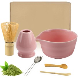 Juego de 6 Batidor de Matcha y Tazón,Kit de Té Matcha Tradicional,Set Premium con Agitador de Bambú,Chasen,Cuchara Medidora,Tazón Chawan y Tamiz Inoxidable,Accesorios Completos para Ceremonia,Rosa