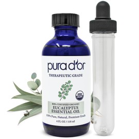 PURA D'OR PURA D'OR Organic Eucalyptus Essential Oil (4oz with Glass Dropper) 100% Pure & Natural Therapeutic Grade for Hair, Body, Skin, Aromatherapy Diffuser, Relaxation, Massage, Home, DIY Soap