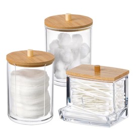 Vasemele Cotton Buds Container, Pack of 3 Cotton Buds Holder with Bamboo Lid, Acrylic Cotton Pads, Storage Cotton Buds Dispenser, Cotton Pad Holder for Make-Up Organiser, Bathroom, Dressing Table Accessories