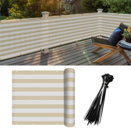 FLORALEAF 3' x 95' Balcony Screen Privacy Fence Cover UV Protection Shield for Deck Patio Backyard Outdoor Pool Porch Railing with Zip Ties, Beige White Stripe