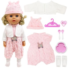 Doll Clothes for 14-18 Inches 35-45cm Baby Doll, Sweet Doll Clothes Onesie Two-Piece Outfit with Coat Jumpsuit Hat Tableware Set Pacifier Socks Girls Birthday