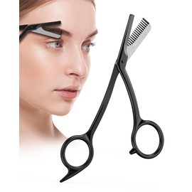 BALUCA Eyebrow Scissors with Comb | Professional Stainless Steel Eyebrow Trimmer for Women & Men | Dual-Design Precision Eye Brow Trimmer Scissors for Effortless Grooming, Silver (Black)