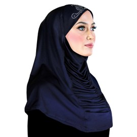 Women's Amira 1 piece Hijab Ruched Cascade Large Lycra Muslim Headcover (Navy w/Stones)