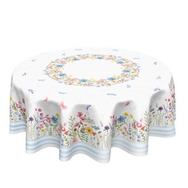 Spring Floral Round Tablecloth 60 Inch Summer Wildflower Butterfly Polyester Table Cloth Cover Rustic Farmhouse Decoration for Easter Holiday Party Kitchen Dinner