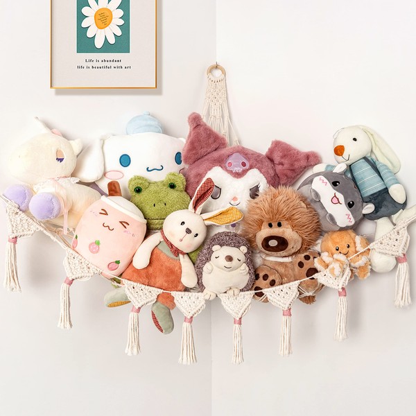 NIXX YU Stuffed Animal Net or Hammock, Macrame Toy Hammock Hanging Pet Net for Squishmallow Plushie Holder Teddy Bear Organizer Kids Room Storage Ideas (39"x39"x44")