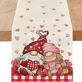 Niviy Valentines Gnome Table Runner 13 x 48 Inch, Plaid Stripes Farmhouse Dining Table Decor, Seasonal Anniversary Kitchen Dining Table Decoration for Indoor Home Party