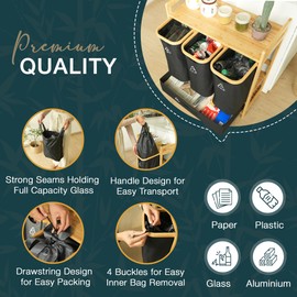 4 Section Recycling Bin for Kitchen – Dual Trash and Recycle Bins for Paper, Plastic, Cans – Indoor Bamboo Recycling Organizer – Decorative Wooden Recycle Bins for Kitchen & Office