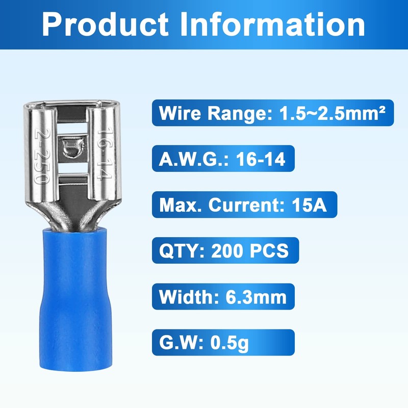 200 Pcs Female and Male Quick disconnects Spade Terminals, Blue